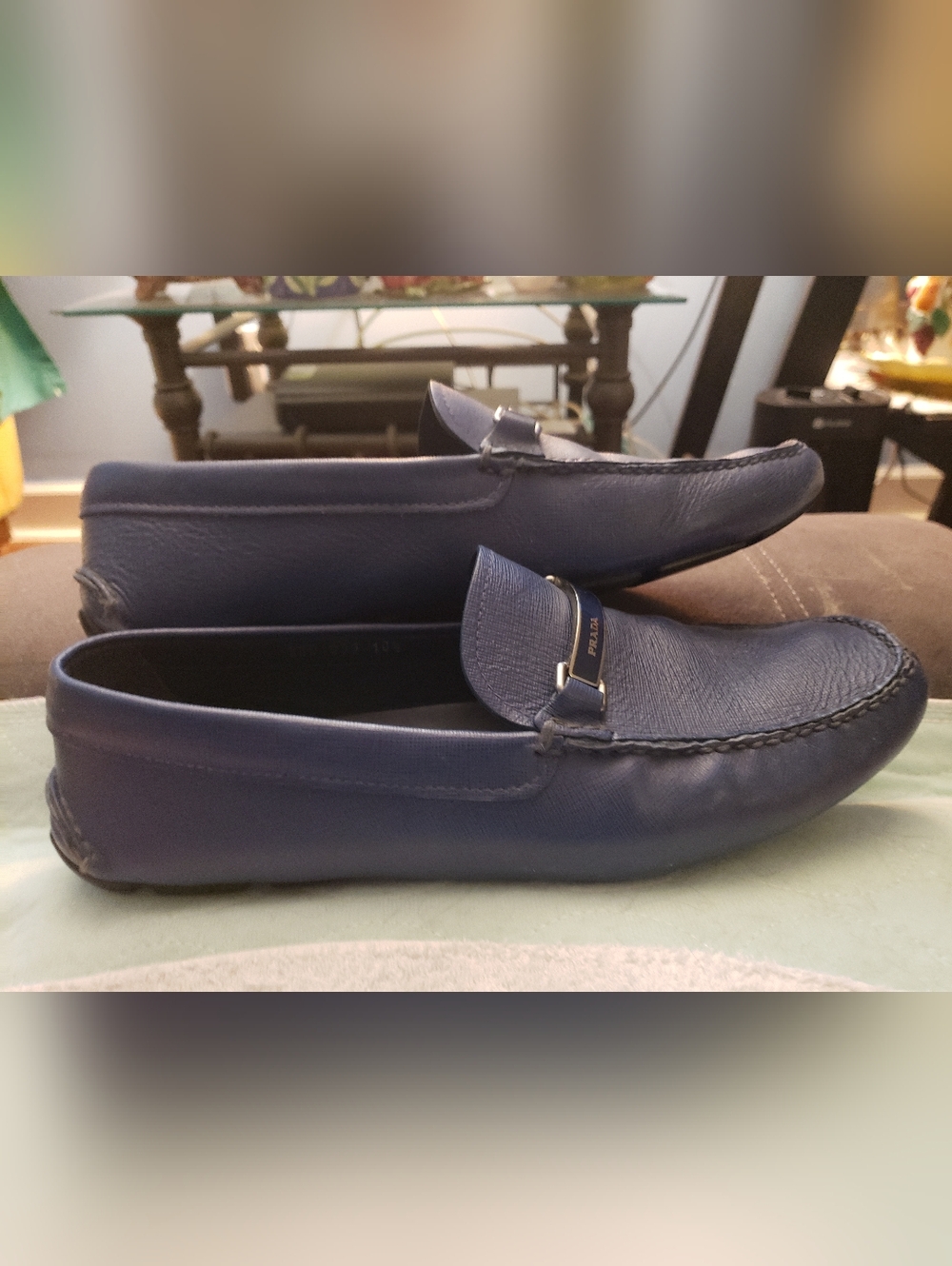 PRADA MENS BLUE ITALIAN LEATHER LOAFERS GOOD CONDITION SZ-10,5 SAFFIANO BLUE - Picture 9 of 12